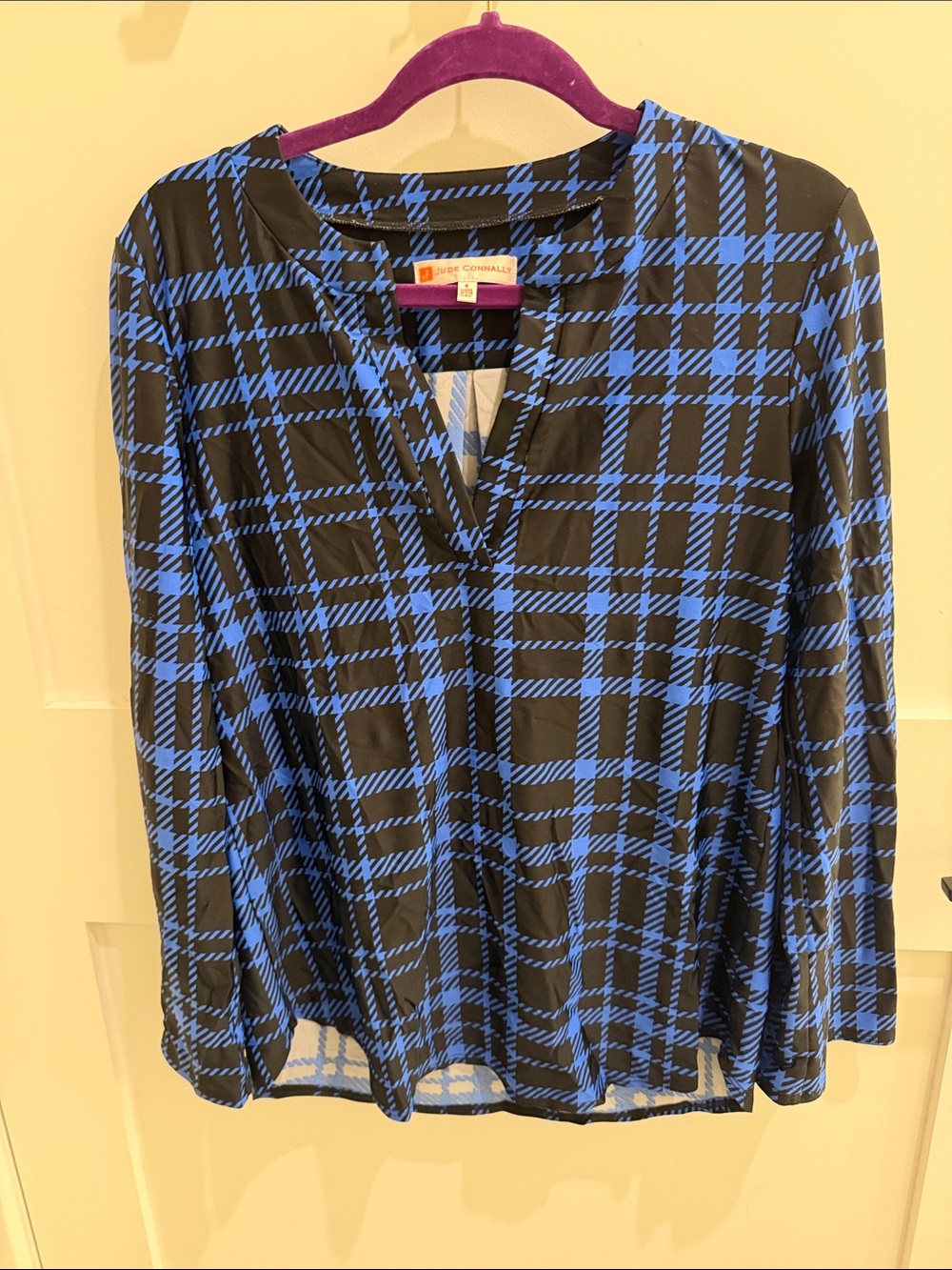 Jude Connally Black and Blue Plaid V-Neck Blouse